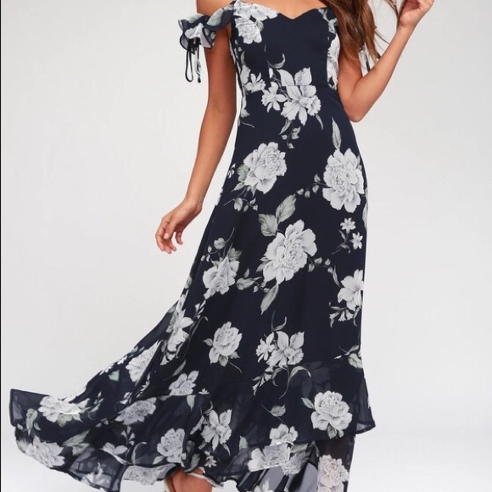 Lulus Navy Blue Floral Off-the-Shoulder Maxi Dress